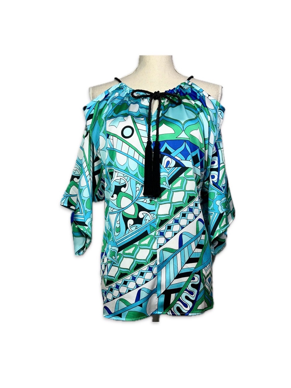 Chico’s Size 1 Cold Shoulder Blouse Green Aqua Tassel Tie Silky Top 8